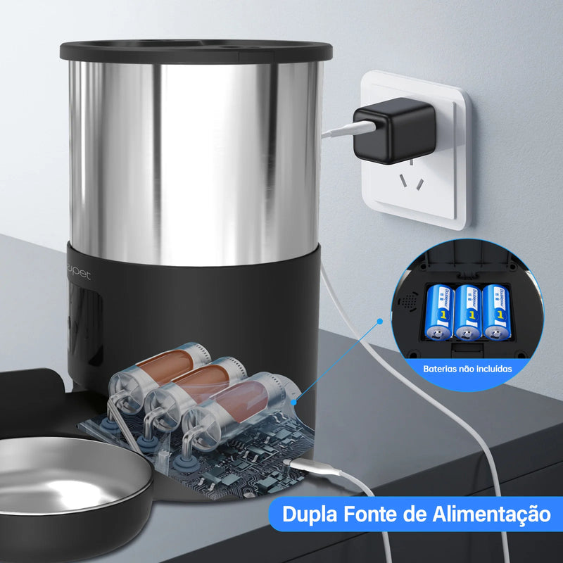 Alimentador para animais de estimação 5L com Microfone Alimentador automático para gatos Dispensador inteligente de comida para cães WiFi Timing Tigela de alimentação quantitativa de aço inoxidável