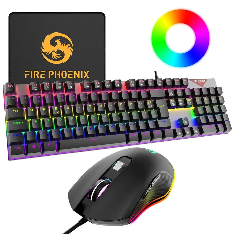 KIT Mouse Mecânico + Teclado Abnt2 Gamer Rgb Led Switch Azul Be-k2 + Mouse Pad Phoenix (Brinde)