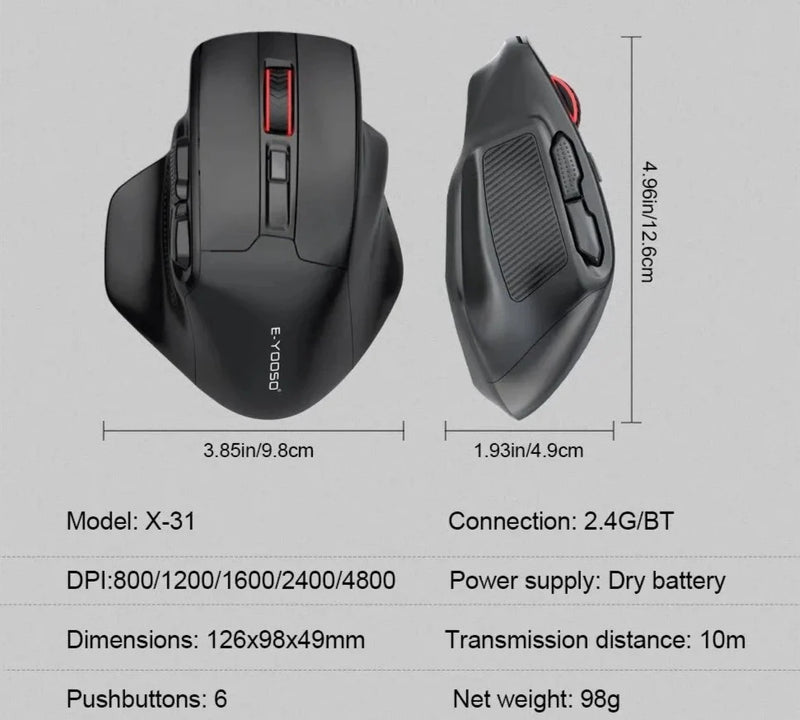 E-YOOSO Pro USB Gamer, Grande Mouse Suporte Bluetooth 2.4G Sem Fio 4800 DPI