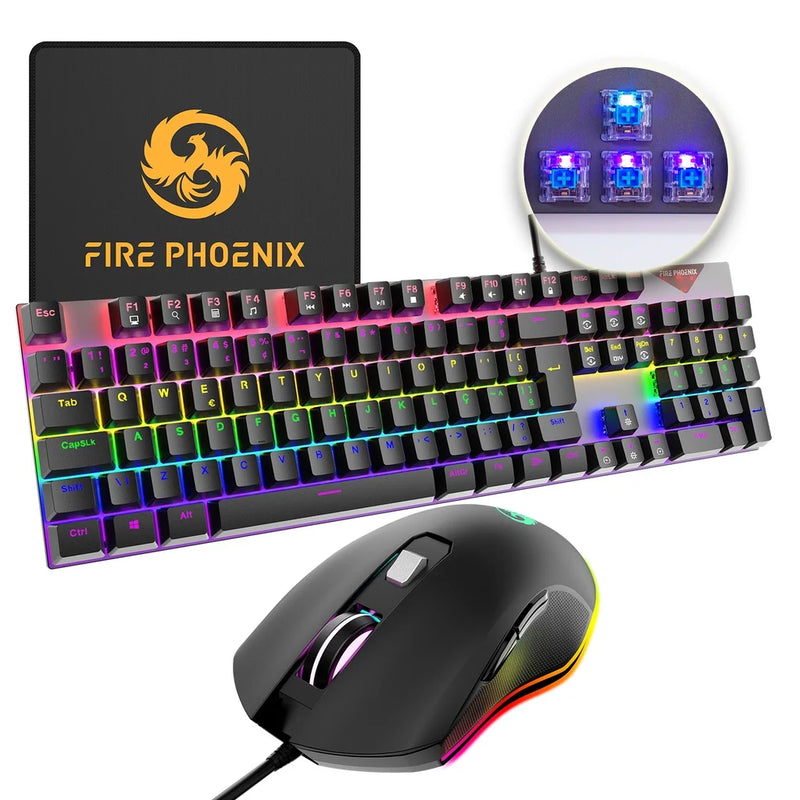 KIT Mouse Mecânico + Teclado Abnt2 Gamer Rgb Led Switch Azul Be-k2 + Mouse Pad Phoenix (Brinde)